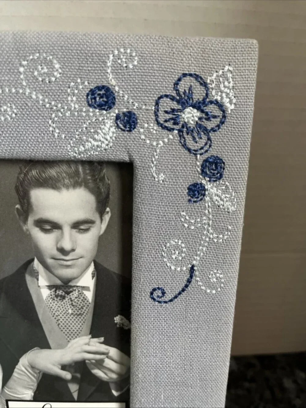 Sherborne Embroidered Floral Picture Frame Blue Gray Fabric 4x6